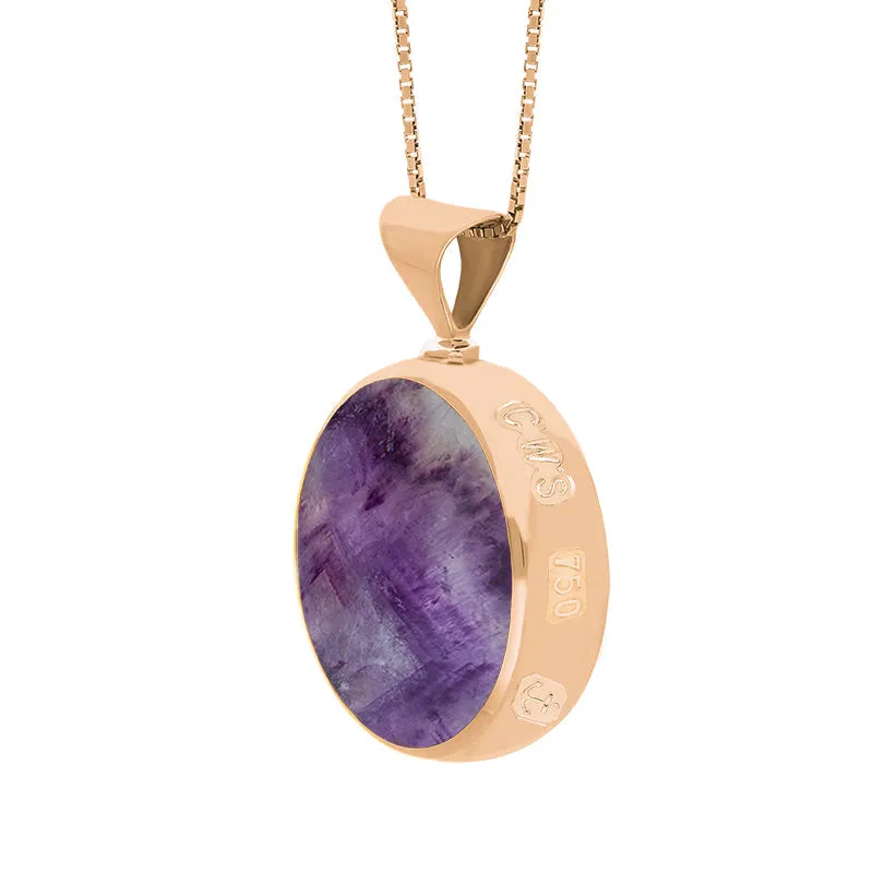 18ct Rose Gold Blue John Mother of Pearl King's Coronation Hallmark Double Sided Round Necklace D