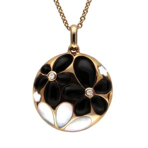 18ct Rose Gold Whitby Jet 0.01 Carat Diamond Flower Circle Pendant D