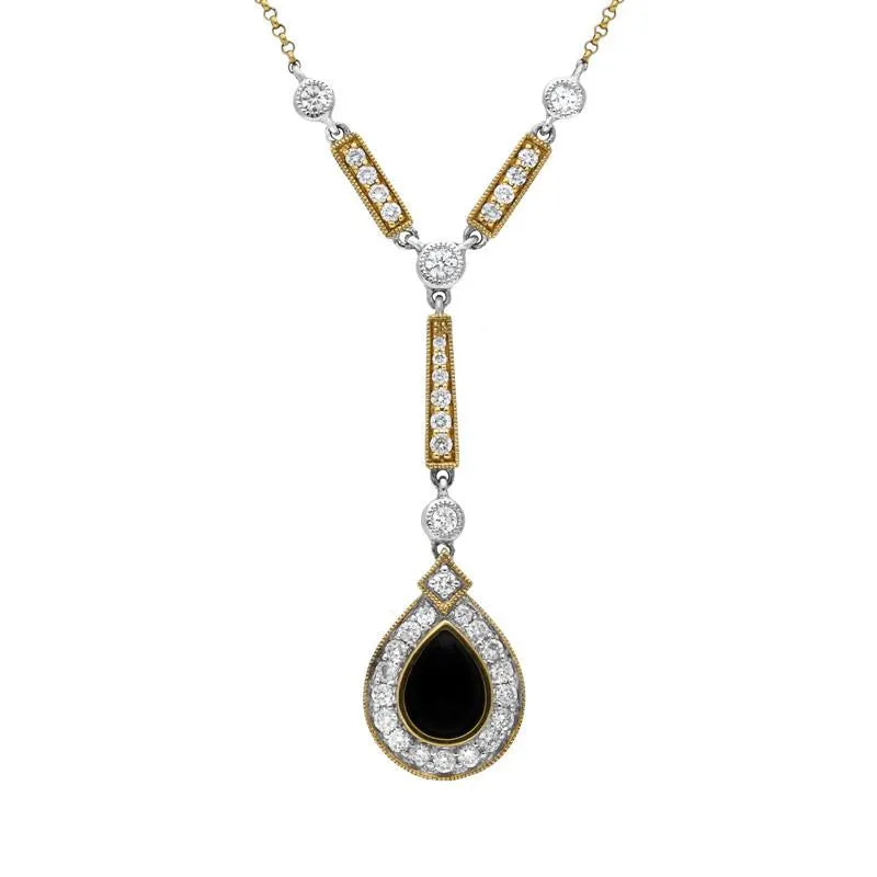 18ct White and Yellow Gold Whitby Jet 0.73ct Diamond Pear Drop Necklace