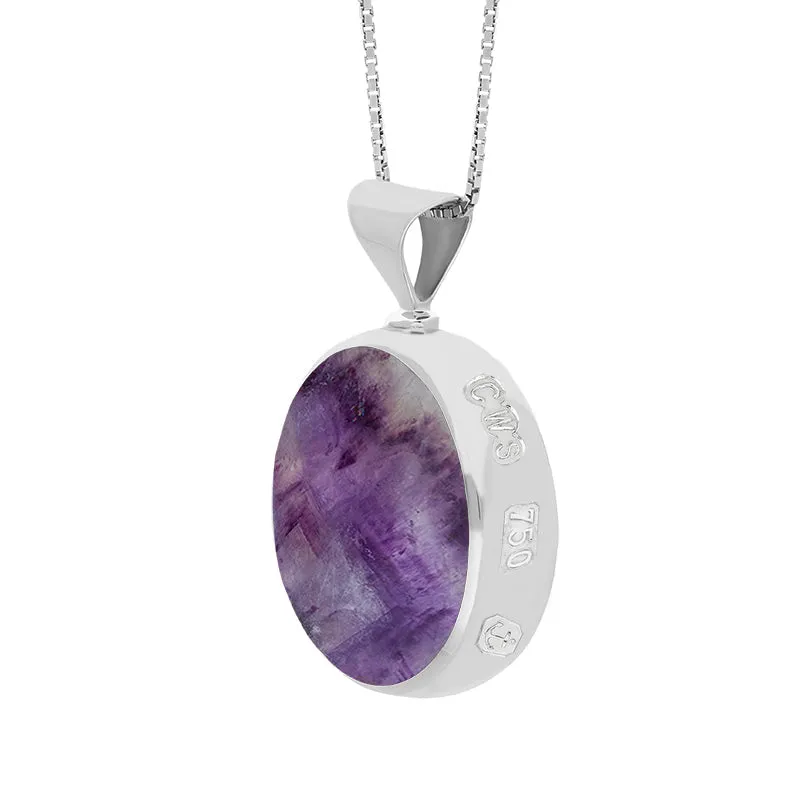 18ct White Gold Blue John Mother of Pearl King's Coronation Hallmark Double Sided Round Necklace D