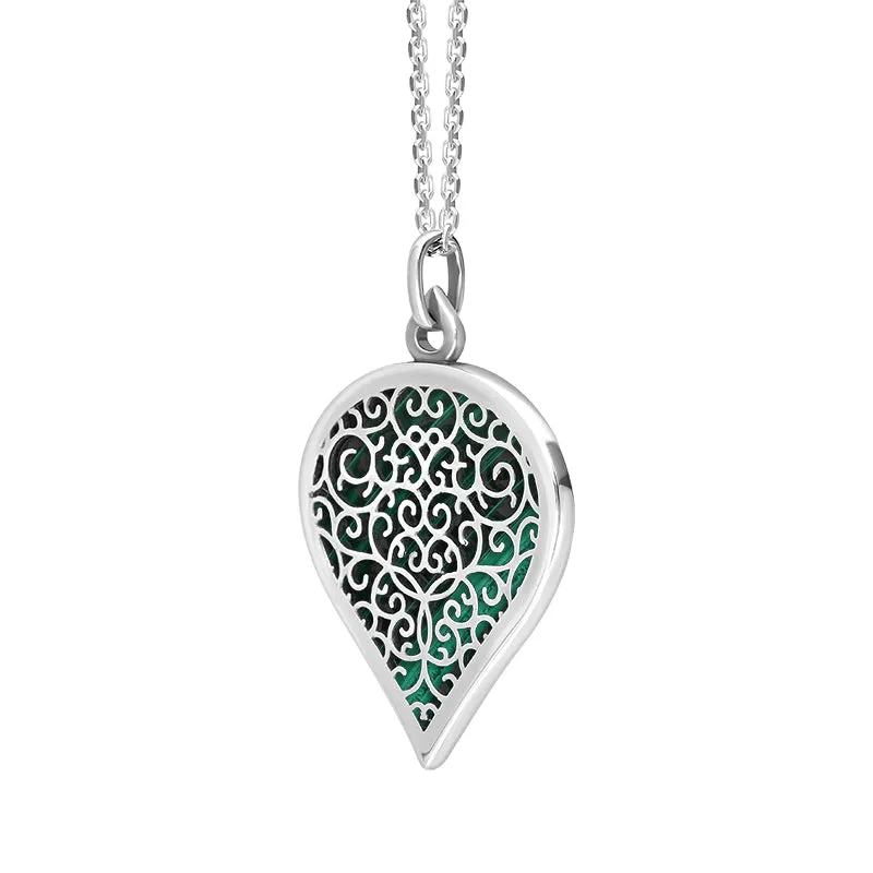 18ct White Gold Malachite Flore Filigree Large Heart Necklace