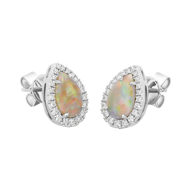 18ct White Gold Opal Diamond Pear Cut Halo Stud Earrings