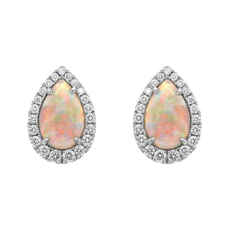 18ct White Gold Opal Diamond Pear Cut Halo Stud Earrings