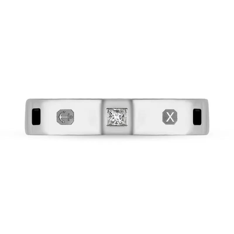18ct White Gold Whitby Jet 0.09ct Diamond Queen's Jubilee Hallmark Princess Cut 4mm Ring D