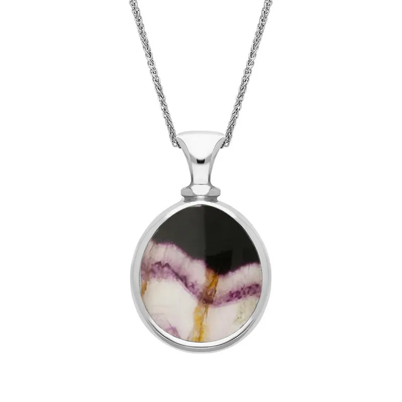 18ct White Gold Whitby Jet Blue John Small Double Sided Pear Fob Necklace