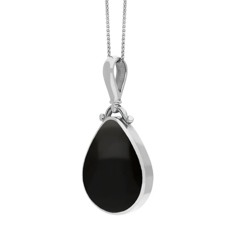 18ct White Gold Whitby Jet Malachite Double Sided Pear Fob Necklace