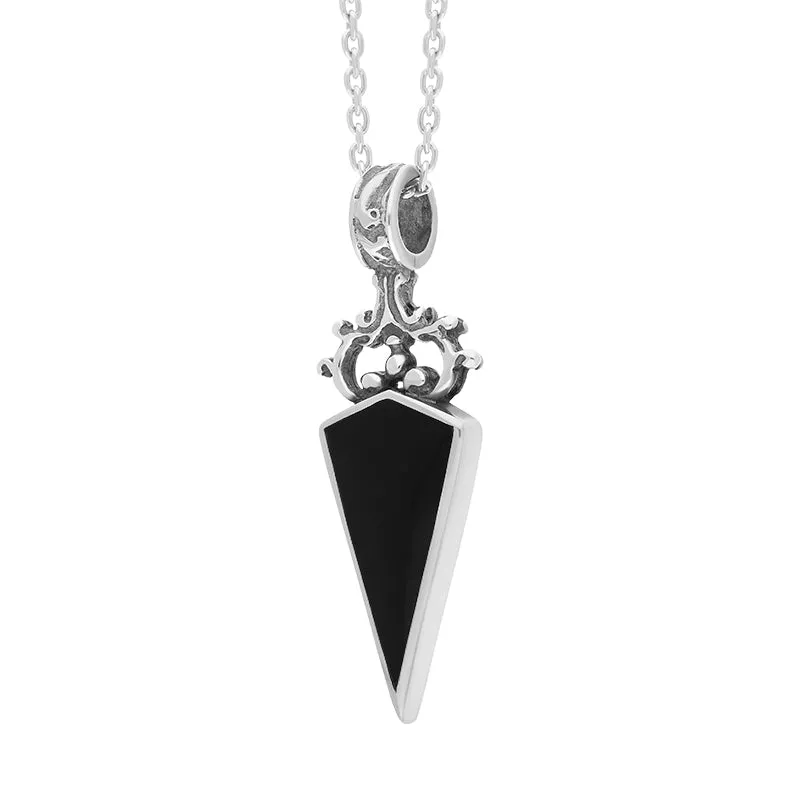 18ct White Gold Whitby Jet Mother Of Pearl Double Sided Dagger Fob Necklace