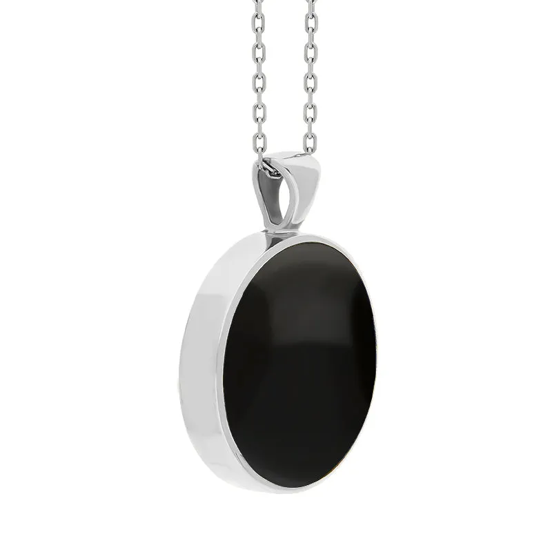 18ct White Gold Whitby Jet Mother Of Pearl Double Sided Round Fob Necklace