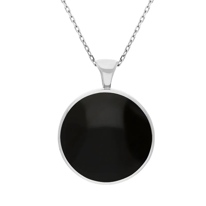 18ct White Gold Whitby Jet Mother Of Pearl Double Sided Round Fob Necklace