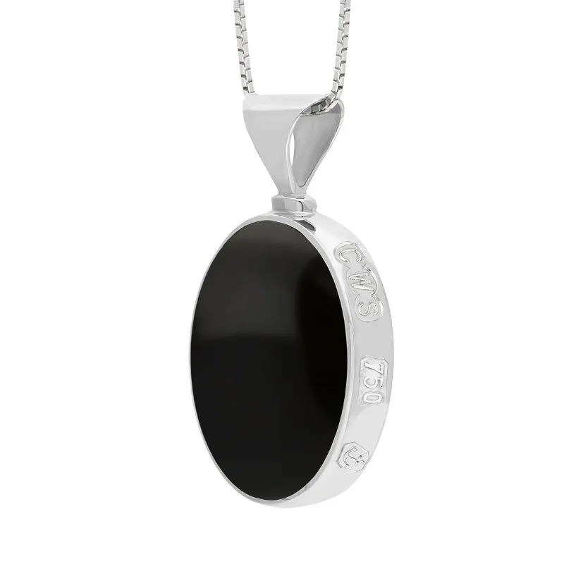18ct White Gold Whitby Jet Mother of Pearl Queens Jubilee Hallmark Double Sided Oval Necklace D