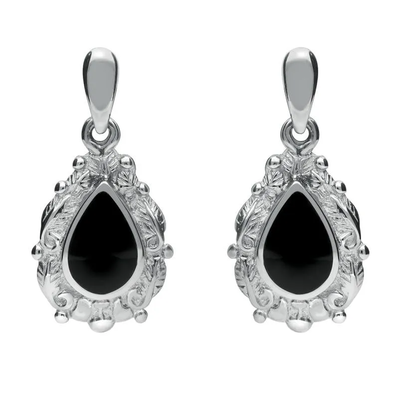 18ct White Gold Whitby Jet Pear Shaped Leaf Drop Earrings