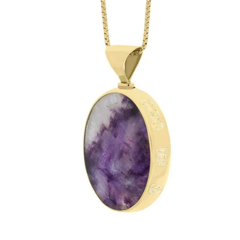 18ct Yellow Gold Blue John Mother of Pearl Queens Jubilee Hallmark Double Sided Oval Necklace D
