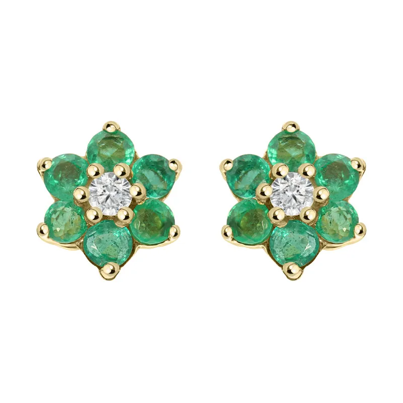 18ct Yellow Gold Emerald Diamond Round Flower Stud Earrings