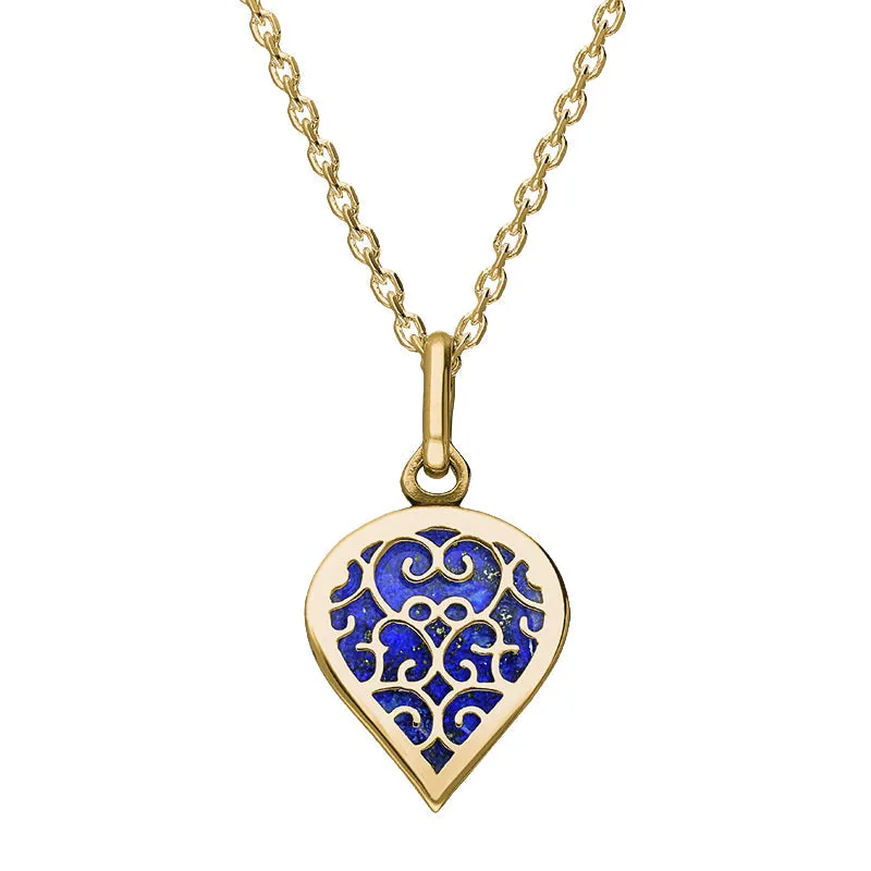 18ct Yellow Gold Lapis Lazuli Flore Filigree Small Heart Necklace