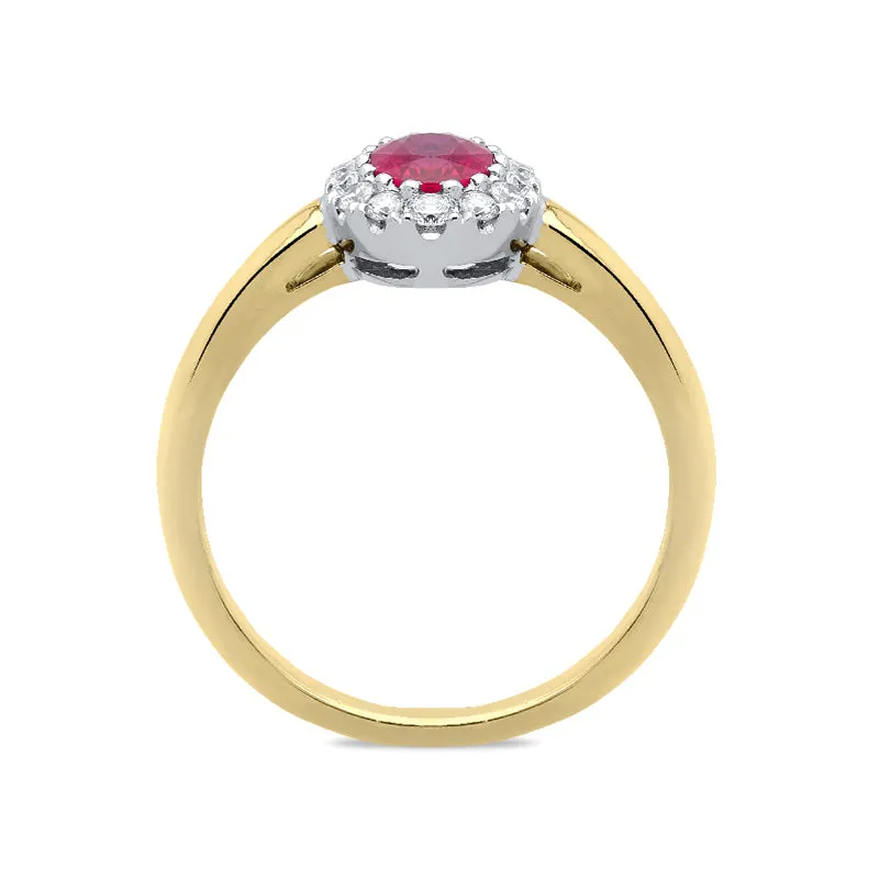 18ct Yellow Gold Ruby Diamond Oval Cluster Ring