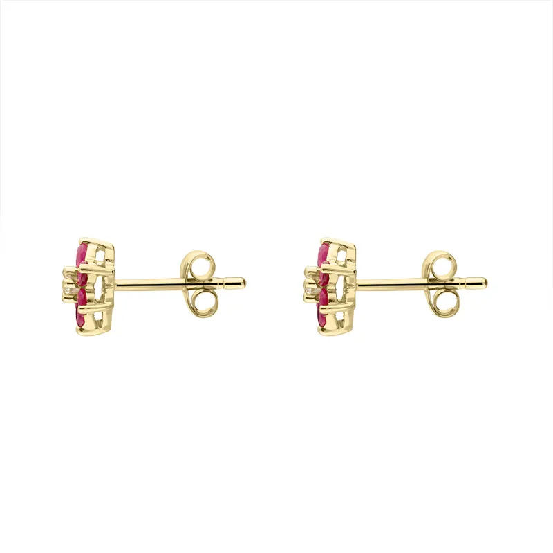 18ct Yellow Gold Ruby Diamond Round Flower Stud Earrings