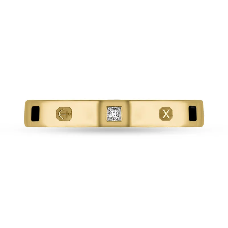 18ct Yellow Gold Whitby Jet 0.05ct Diamond Queen's Jubilee Hallmark Princess Cut 3mm Ring D