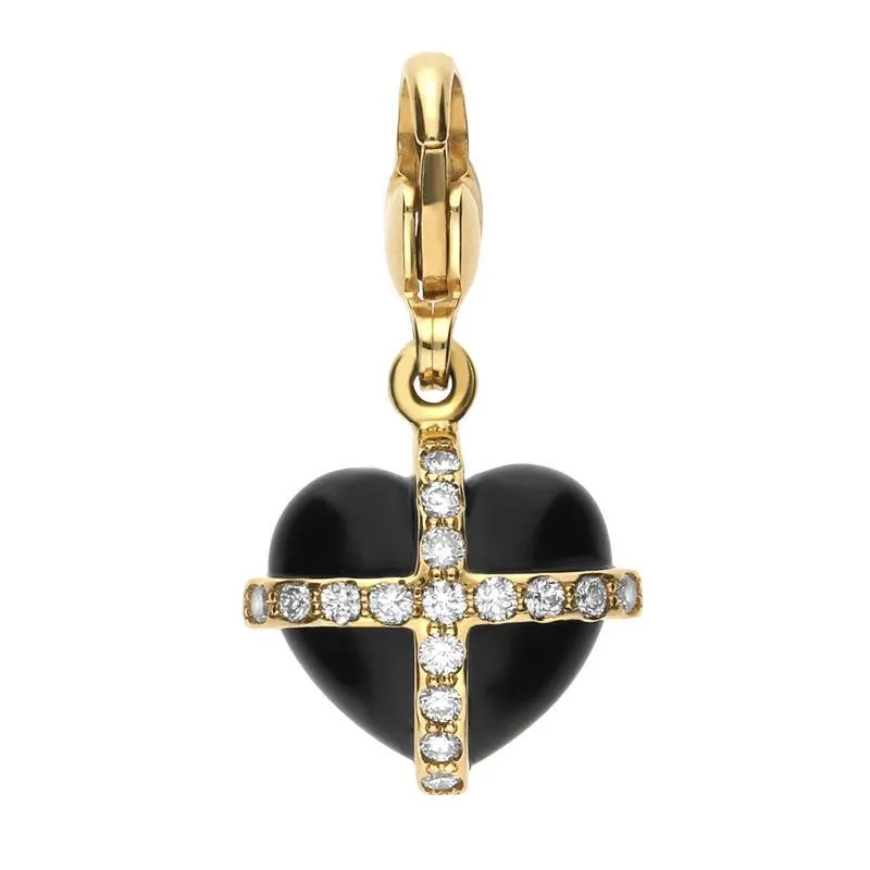 18ct Yellow Gold Whitby Jet 0.16ct Diamond Small Cross Heart Charm