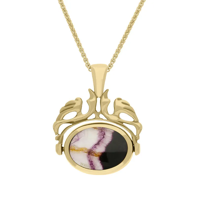 18ct Yellow Gold Whitby Jet Blue John Double Sided Oval Swivel Fob Necklace