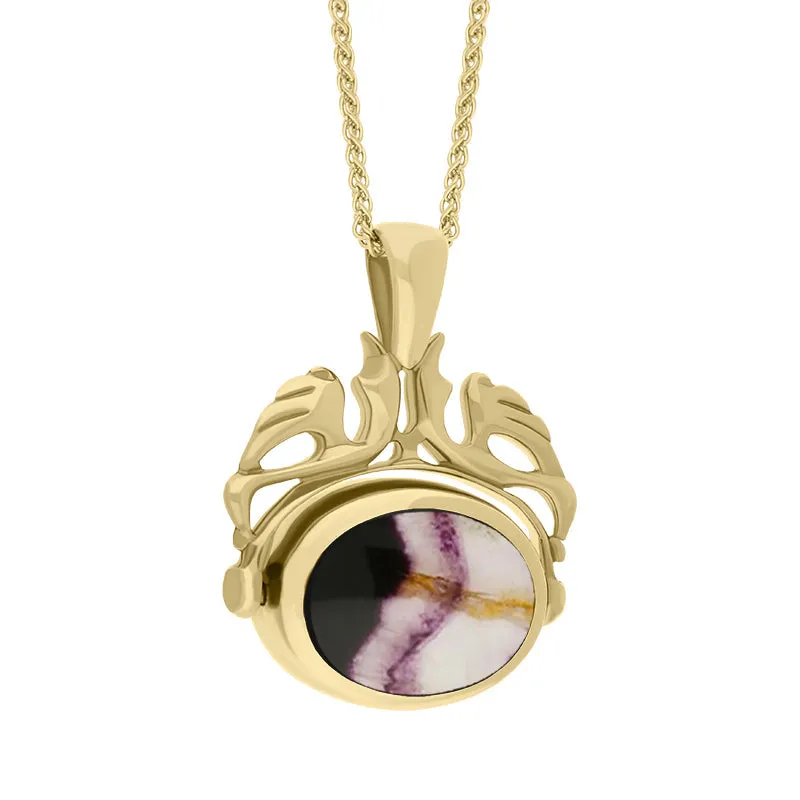 18ct Yellow Gold Whitby Jet Blue John Double Sided Oval Swivel Fob Necklace