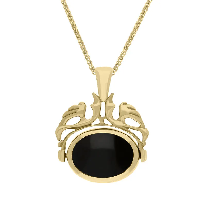 18ct Yellow Gold Whitby Jet Blue John Double Sided Oval Swivel Fob Necklace