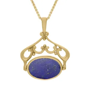 18ct Yellow Gold Whitby Jet Lapis Lazuli Double Sided Oval Swivel Fob Necklace