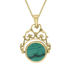 18ct Yellow Gold Whitby Jet Malachite Double Sided Round Swivel Fob Necklace