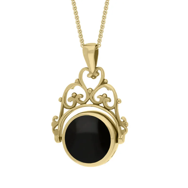 18ct Yellow Gold Whitby Jet Mother Of Pearl Double Sided Round Fob Necklace