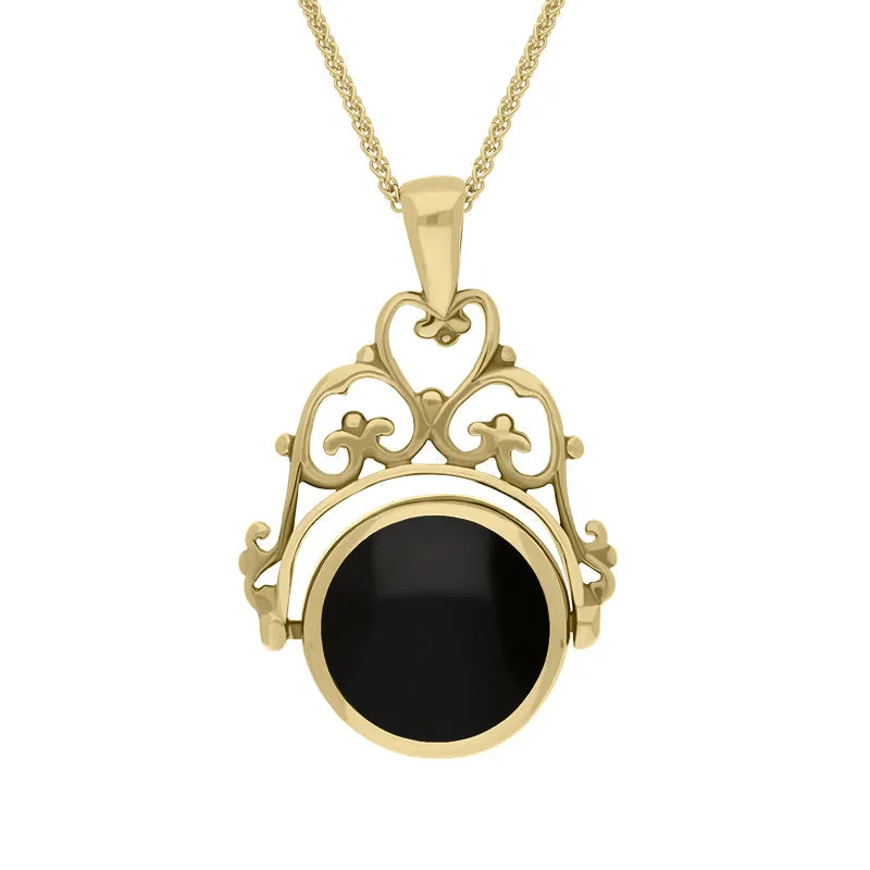 18ct Yellow Gold Whitby Jet Mother Of Pearl Double Sided Round Fob Necklace