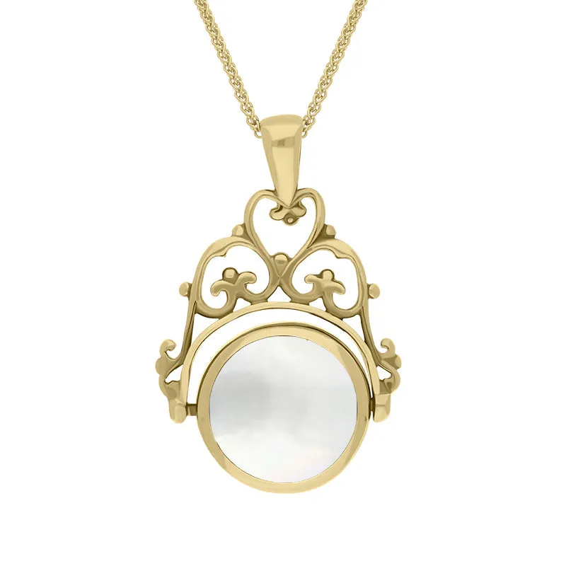 18ct Yellow Gold Whitby Jet Mother Of Pearl Double Sided Round Fob Necklace
