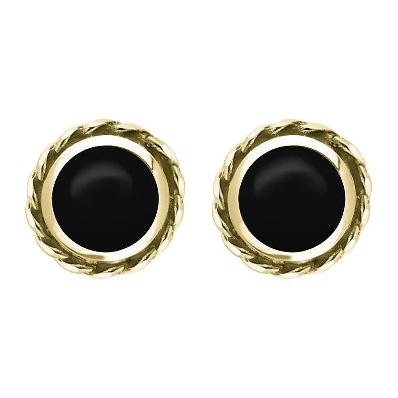 18ct Yellow Gold Whitby Jet Round Twist Edge Stud Earrings