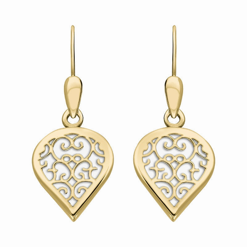 18ct Yellow Gold Bauxite Flore Filigree Heart Drop Earrings