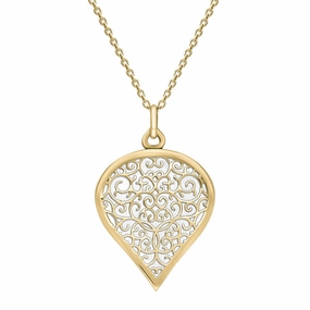 18ct Yellow Gold Bauxite Flore Filigree Large Heart Necklace