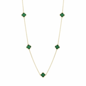 18ct Yellow Gold Malachite Bloom Four Leaf Clover Ball Edge Necklace