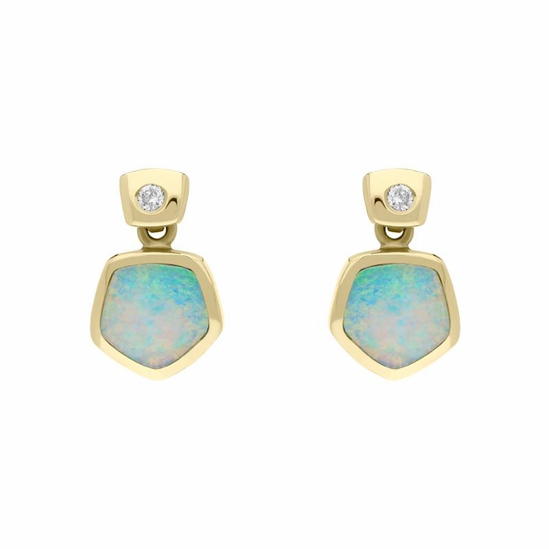 18ct Yellow Gold Opal 0.06ct Diamond Hexagon Shaped Drop Earrings