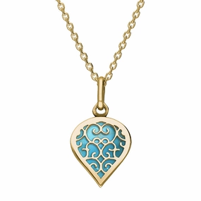 18ct Yellow Gold Turquoise Flore Filigree Small Heart Necklace