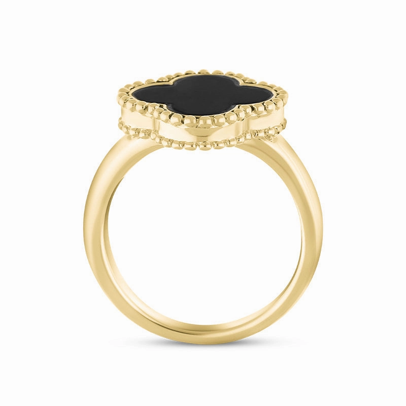 18ct Yellow Gold Whitby Jet Bloom Four Leaf Clover Ball Edge Ring