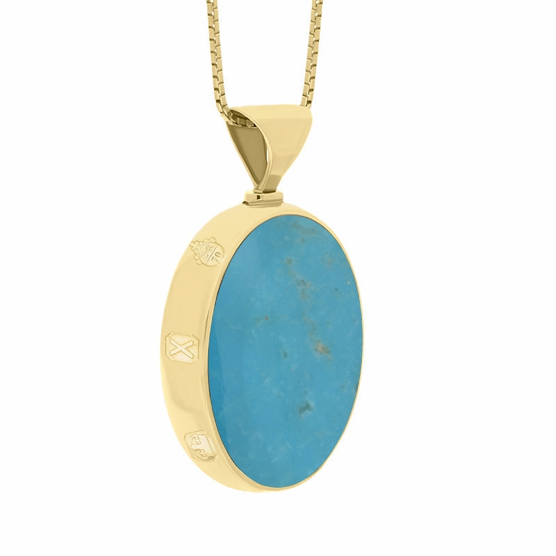 18ct Yellow Gold Whitby Jet Turquoise Queens Jubilee Hallmark Double Sided Oval Necklace D