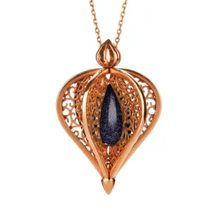 9ct Rose Gold Blue Goldstone Flore Filigree Droplet Necklace