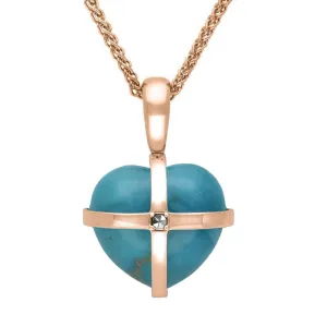 9ct Rose Gold Turquoise Marcasite Small Cross Heart Necklace