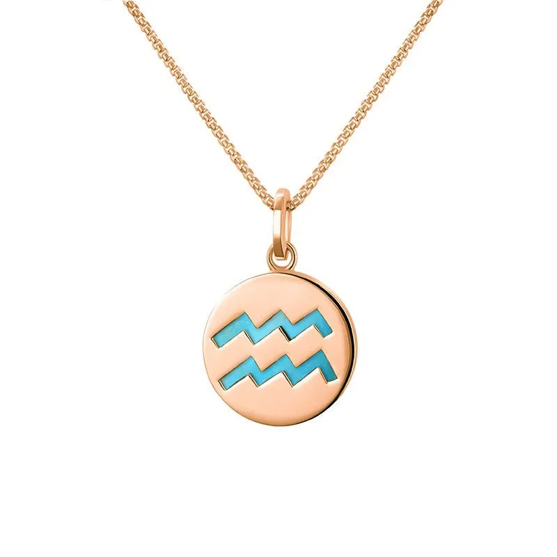 9ct Rose Gold Turquoise  Zodiac Aquarius Round Necklace