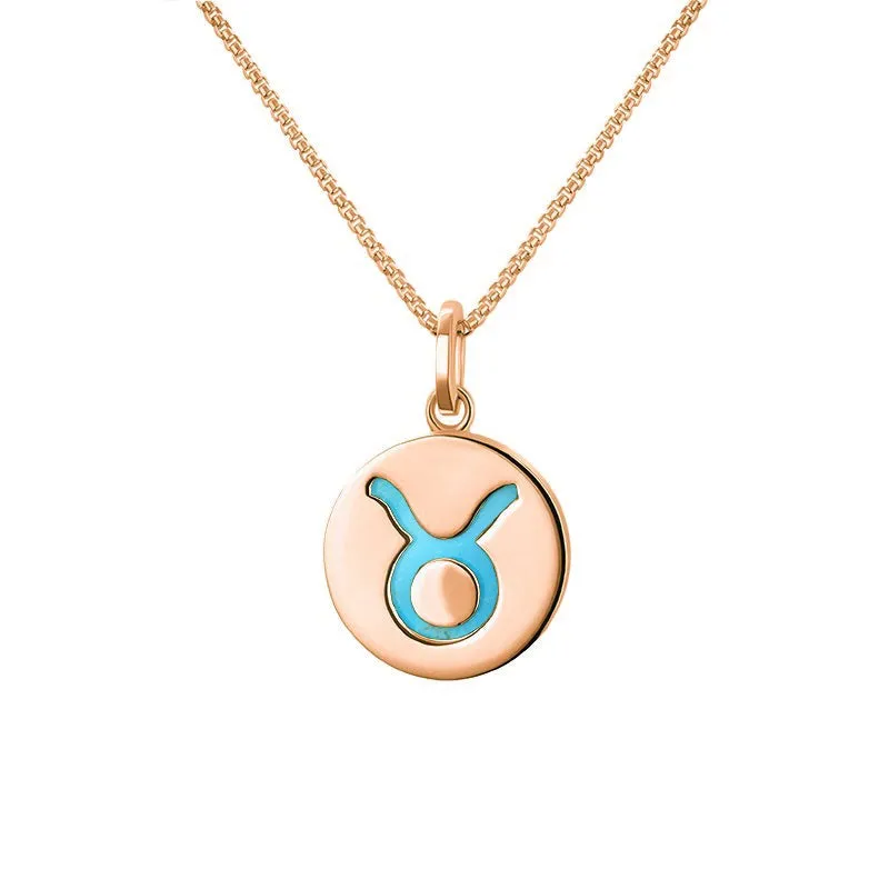 9ct Rose Gold Turquoise  Zodiac Taurus Round Necklace