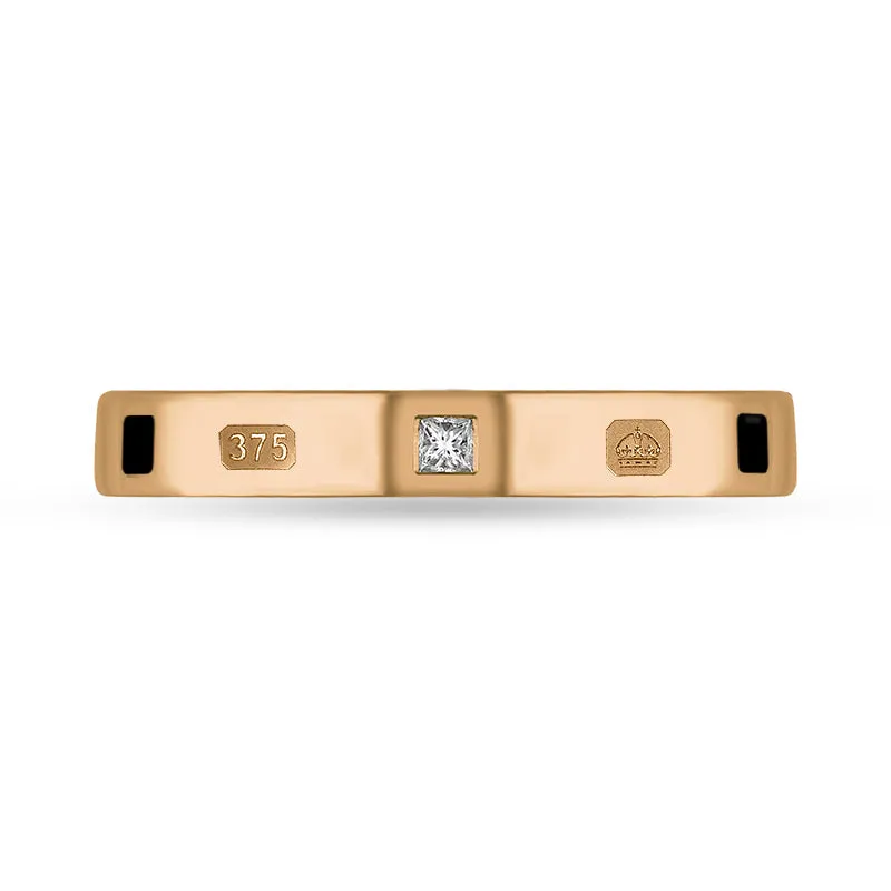 9ct Rose Gold Whitby Jet 0.05ct Diamond Queen's Jubilee Hallmark Princess Cut 3mm Ring D