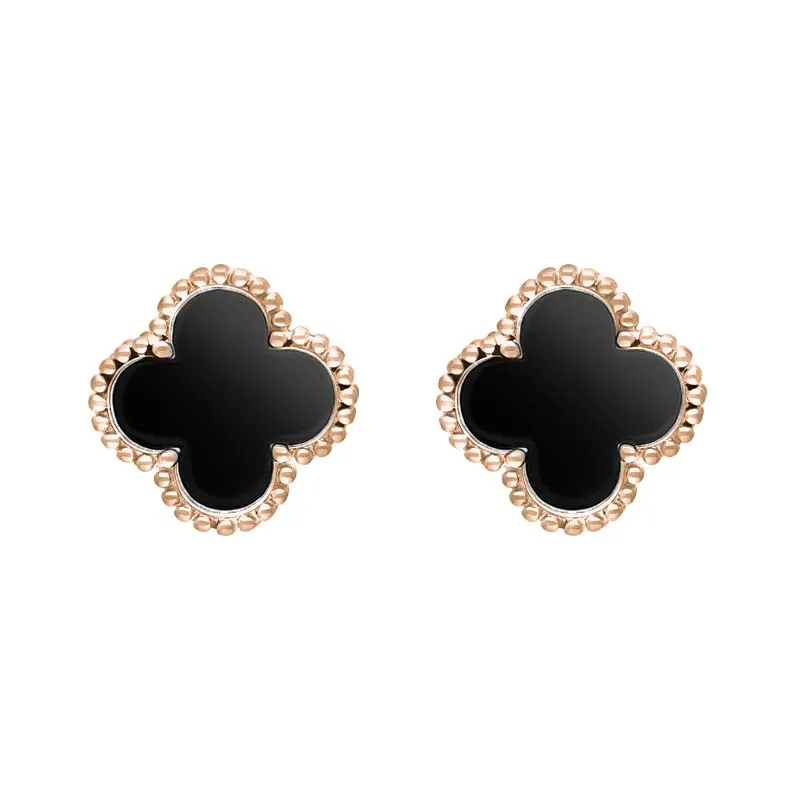 9ct Rose Gold Whitby Jet Bloom Four Leaf Clover Ball Edge Stud Earrings