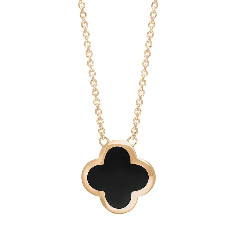 9ct Rose Gold Whitby Jet Bloom Large Four Leaf Clover Polished Edge Pendant