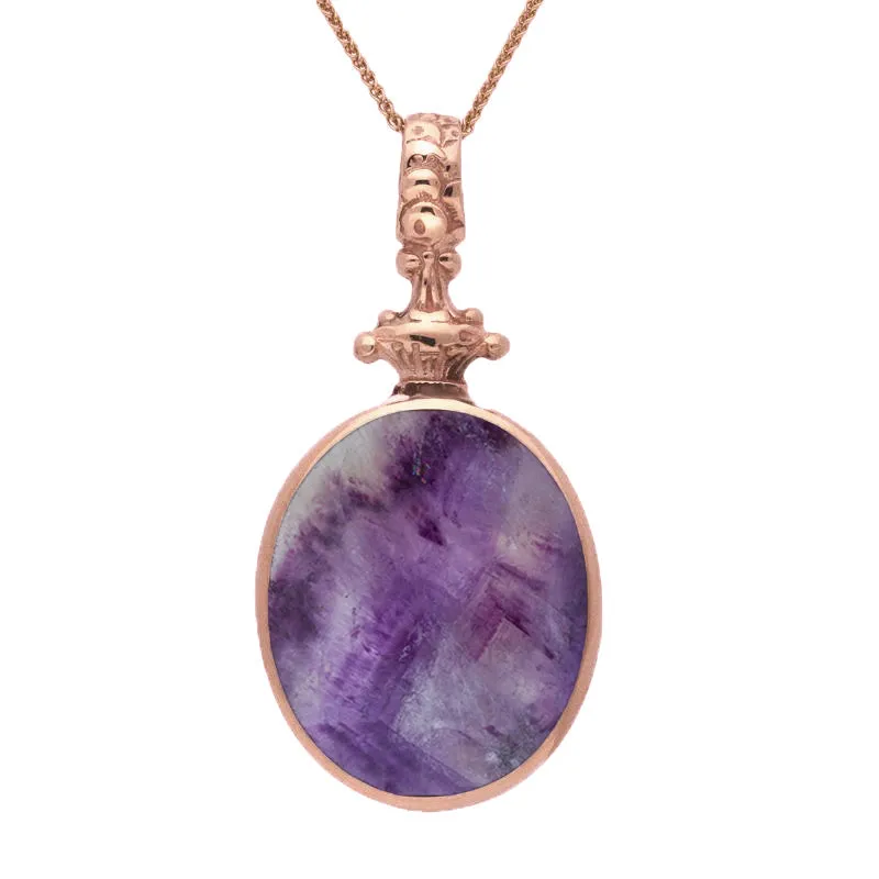 9ct Rose Gold Whitby Jet Blue John Double Sided Oval Fob Necklace