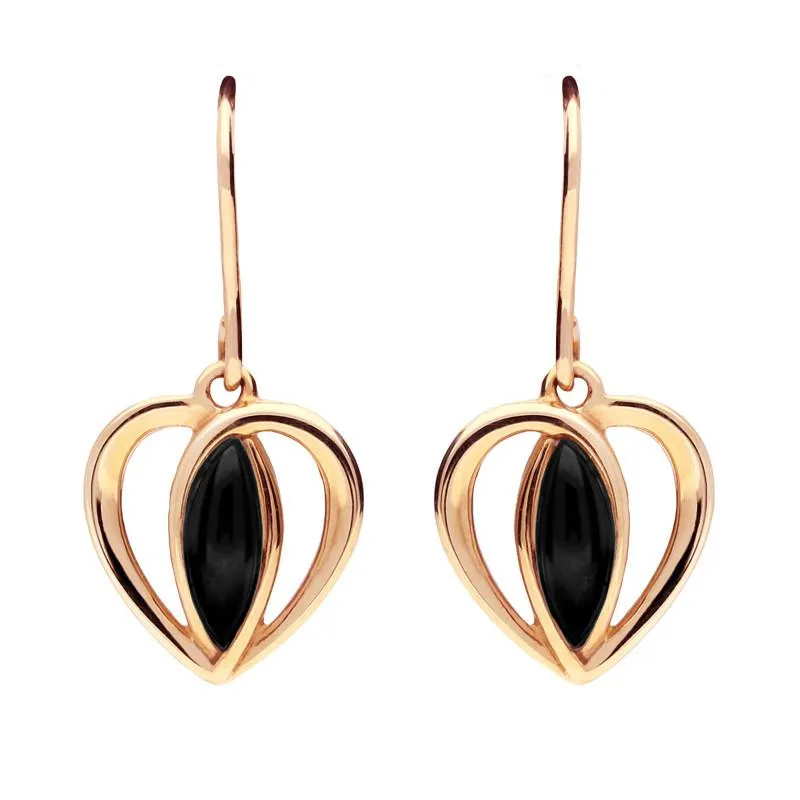 9ct Rose Gold Whitby Jet Heart Drop Earrings