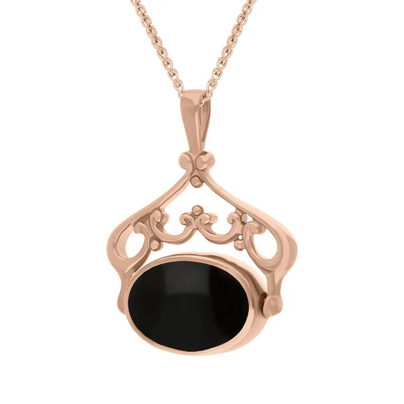 9ct Rose Gold Whitby Jet Lapis Lazuli Double Sided Oval Swivel Fob Necklace