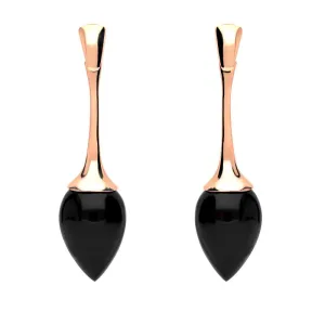9ct Rose Gold Whitby Jet Long Flute Pear Drop Earrings