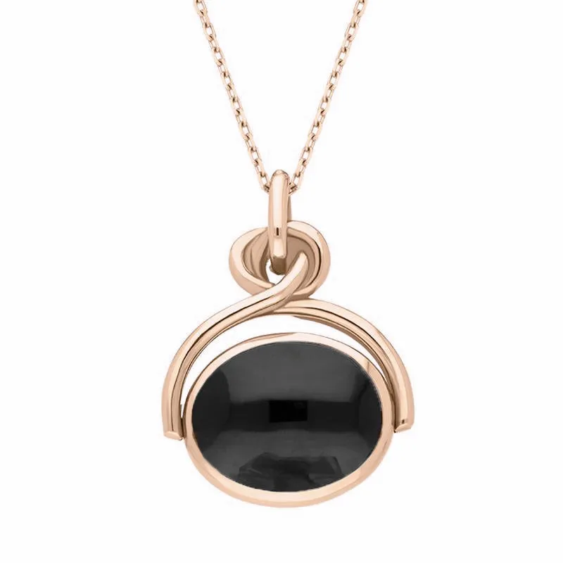 9ct Rose Gold Whitby Jet Malachite Oval Swivel Fob Necklace
